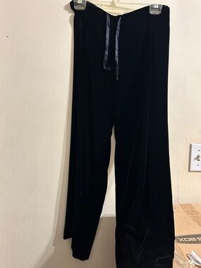 Rena Rowan Black Velvet Wide-Leg Pants with Satin Drawstring